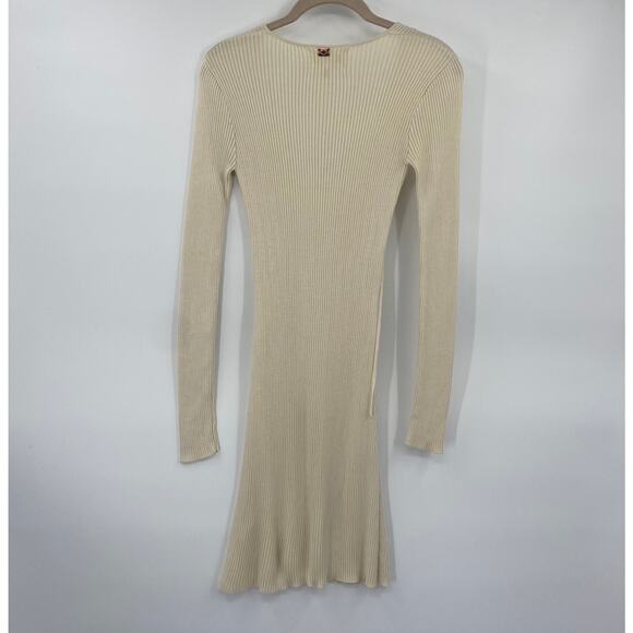 For Love & Lemons Knitz Delancey Mini Sweater Dress Ribbed Tie Neck Cream XS - Picture 5 of 13